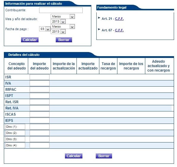 Calcular actualizaciones y recargos impuestos federales.