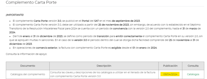 Catálogos del complemento Carta Porte 3.0 actualización SAT del 09/04 ...