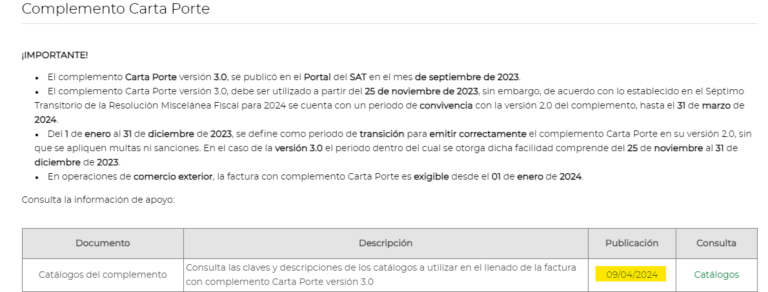 Catálogos del complemento Carta Porte 3.0 actualización SAT del 09/04 ...