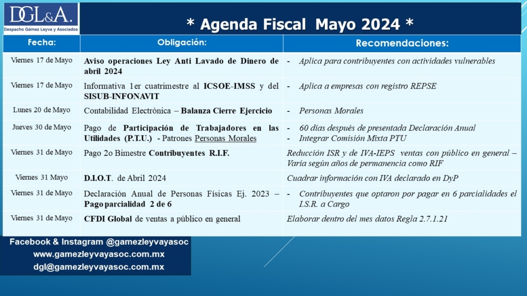 Mayo 2024 Agenda De Obligaciones Fiscales Laborales Y De Seguridad Social Elcontamx 0798