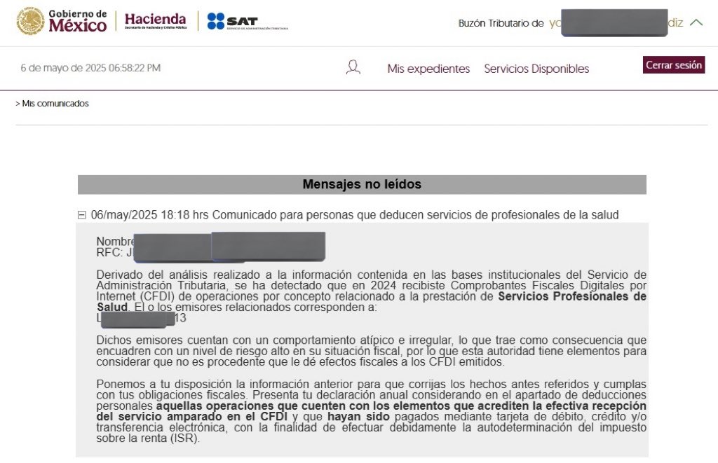 sat aviso deduccion consultas medicas atipicas