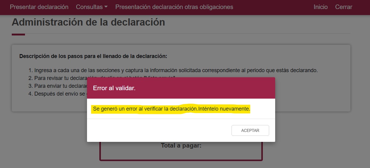 se genero un error al verificar la declaracion